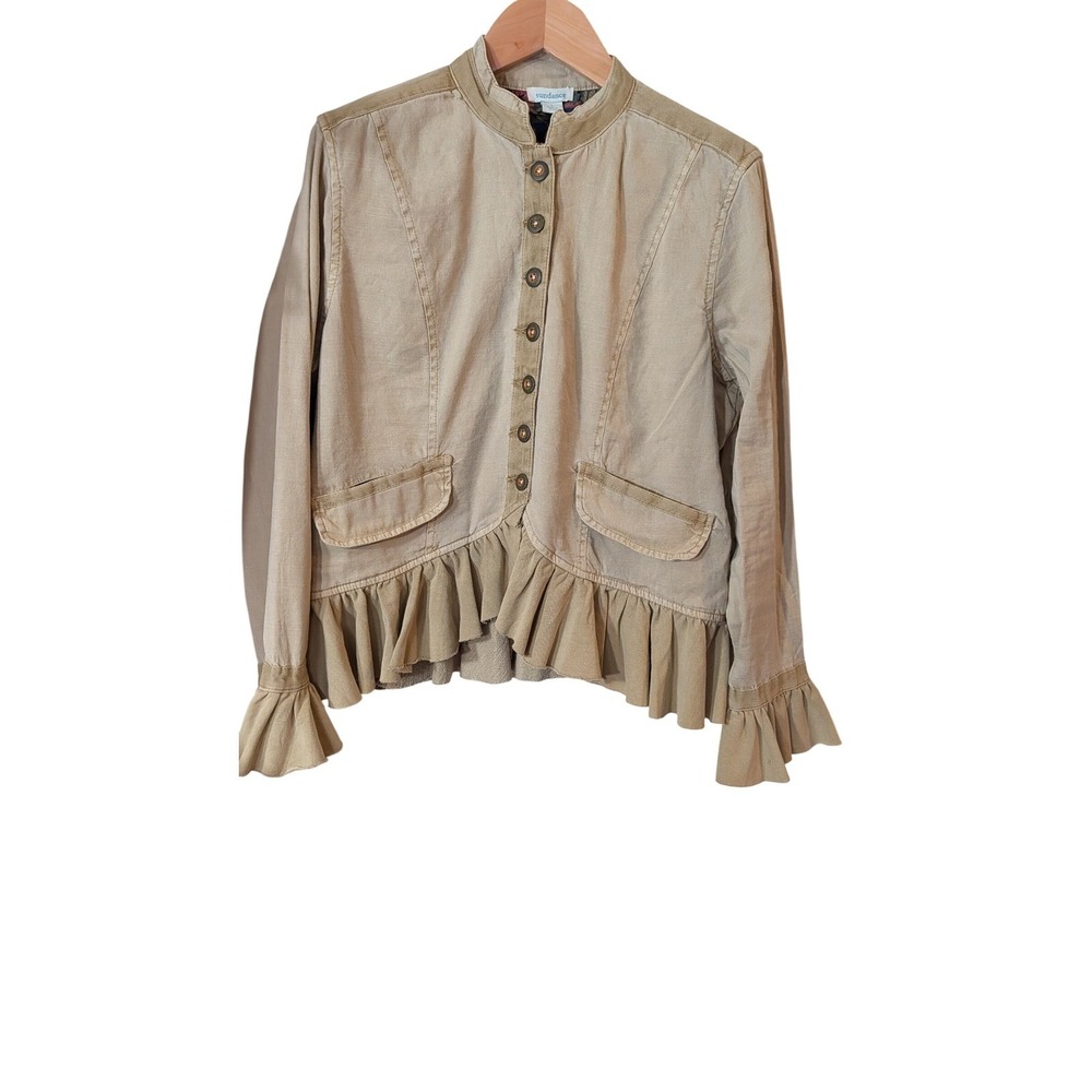 Sundance Womens Tan Linen Blend Ruffle Hem Button Front Jacket Size L Khaki